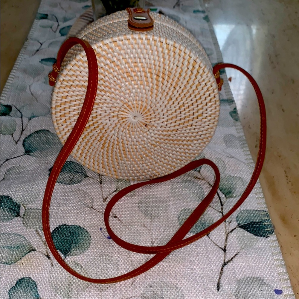 Round Woven Bag with Tan Strap - Picture 2 of 8